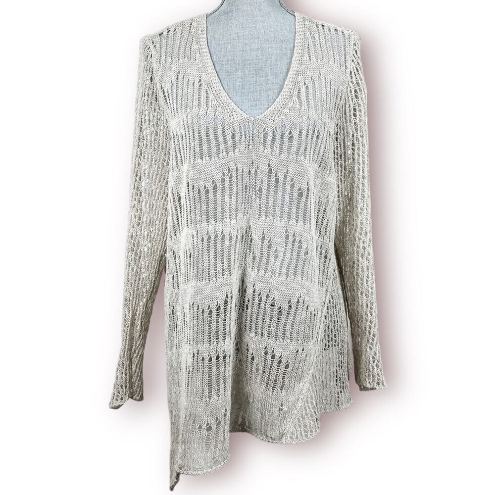 ELLEN FISHER Asymmetrical Airy Open Knit Linen Blend Melange Sweater in Beige